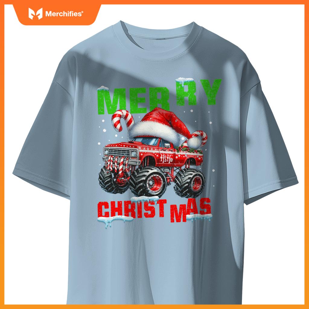 Merry Christmas Monster Truck Xmas Santa Hat Boys Kids T-Shirt