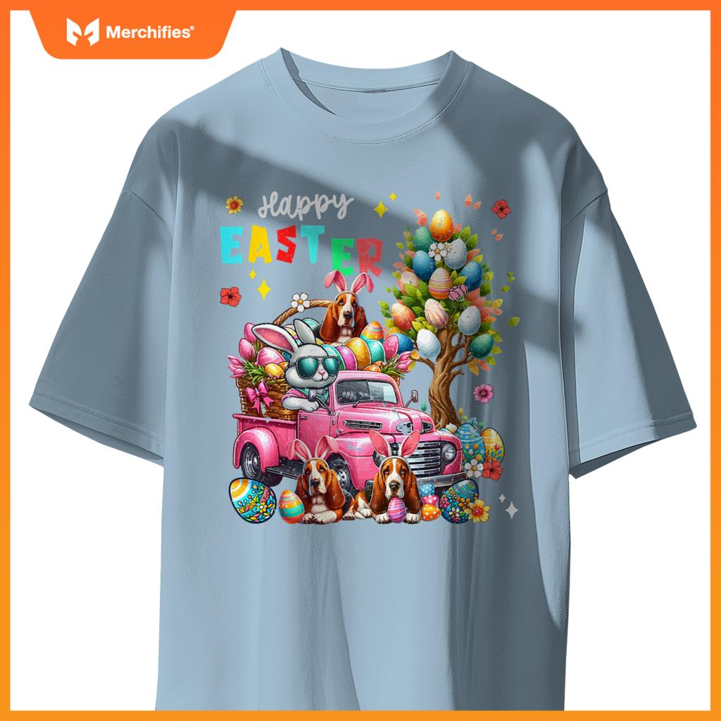 Happy Easter Three Cute Bunny Basset Hounds On Pickup Truck T-Shirt