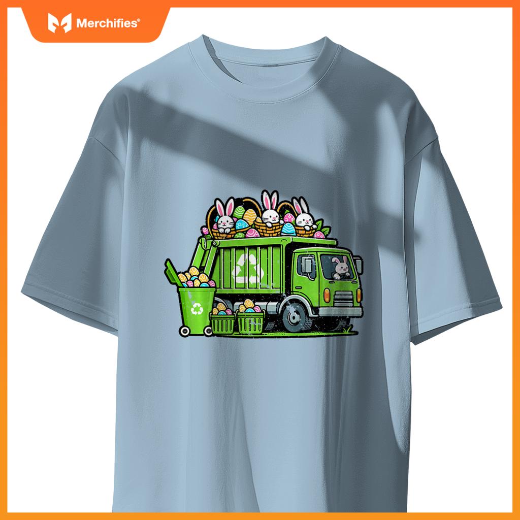 Kids Happy Easter Day Rabbit Lover Bunny Riding Garbage Truck T-Shirt