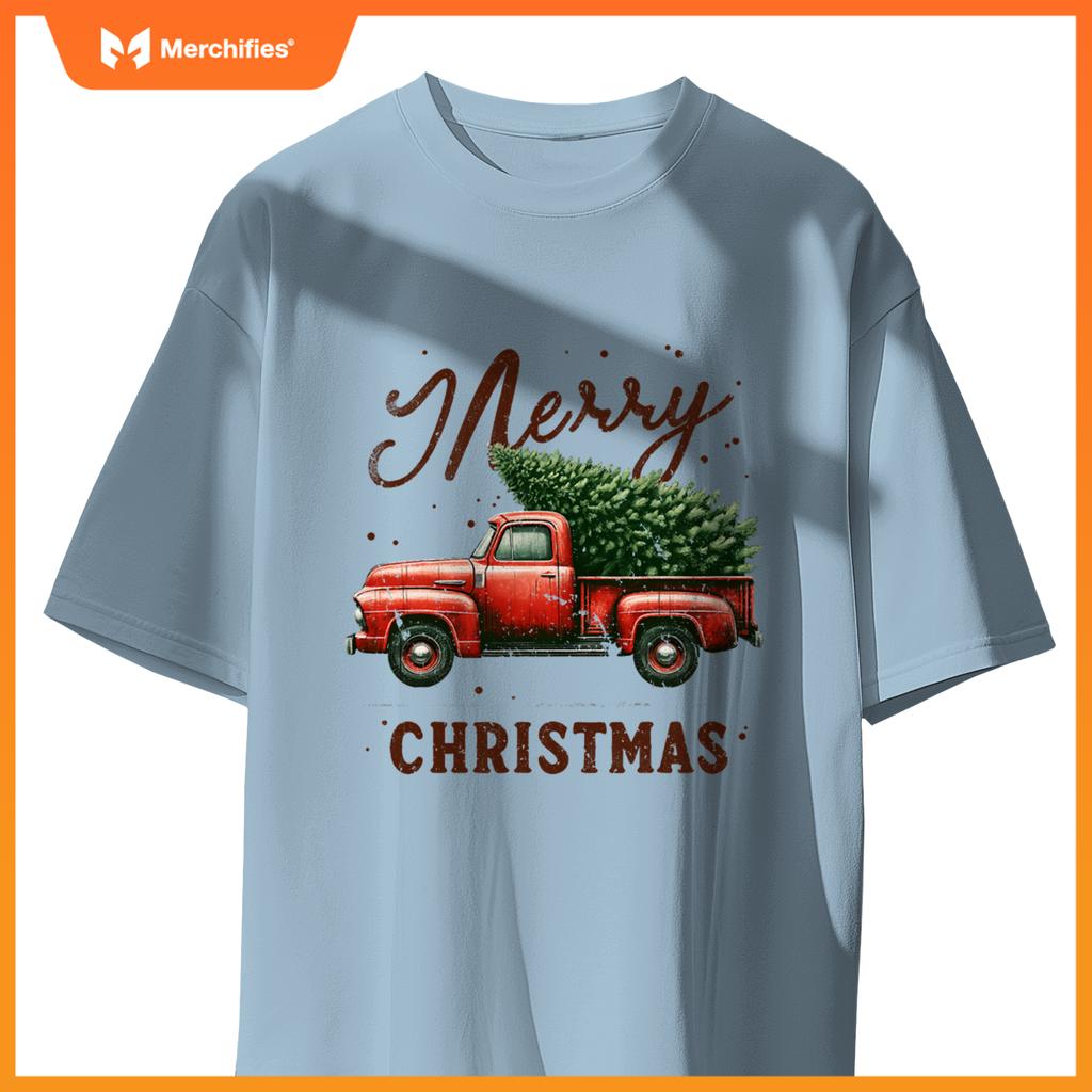 Merry Christmas Tree on Red Truck Wagon Vintage Christmas T-Shirt