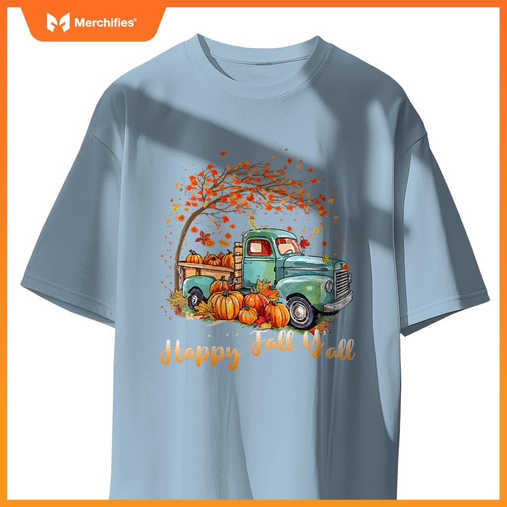 Happy Fall Y'all Pumpkin Truck Autumn Tree Fall Thanksgiving T-Shirt