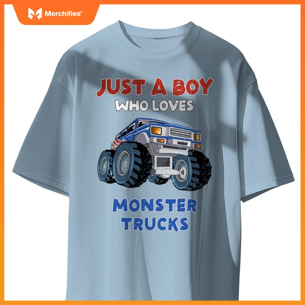 Just A Boy Who Loves Monster Trucks  Monster Truck Kids T-Shirt