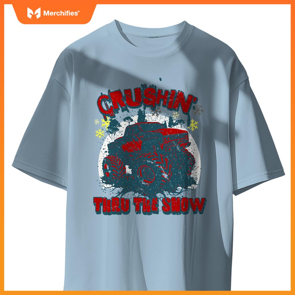 Monster Truck Crushin Thru Snow Winter Boys Man T-Shirt