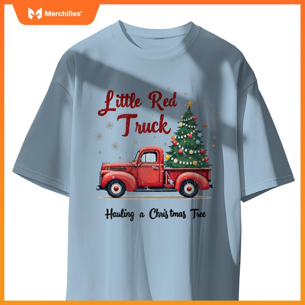 Little Red Truck Hauling A Christmas Tree Family Matching T-Shirt