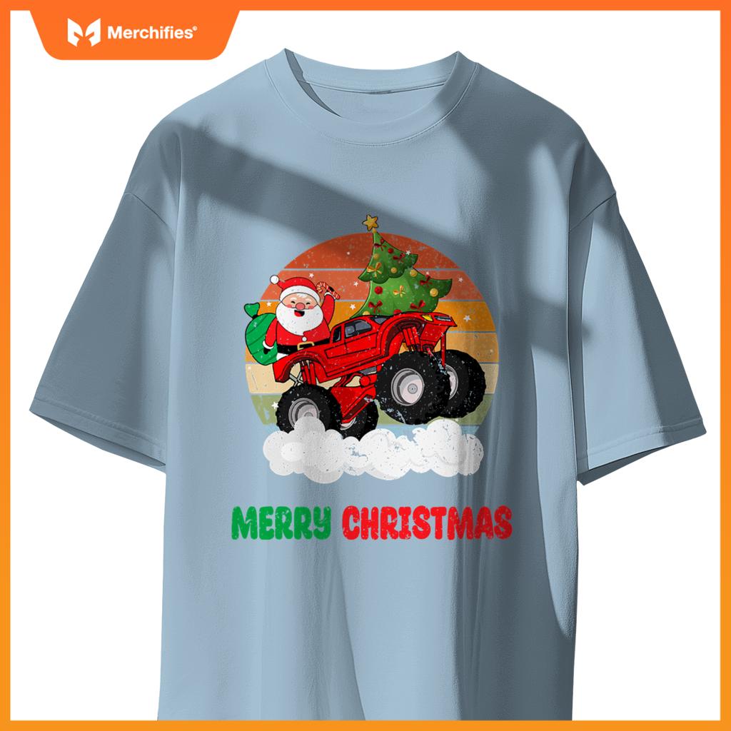 Kids Merry Xmas Santa Monster Truck Christmas Tree Light T-Shirt