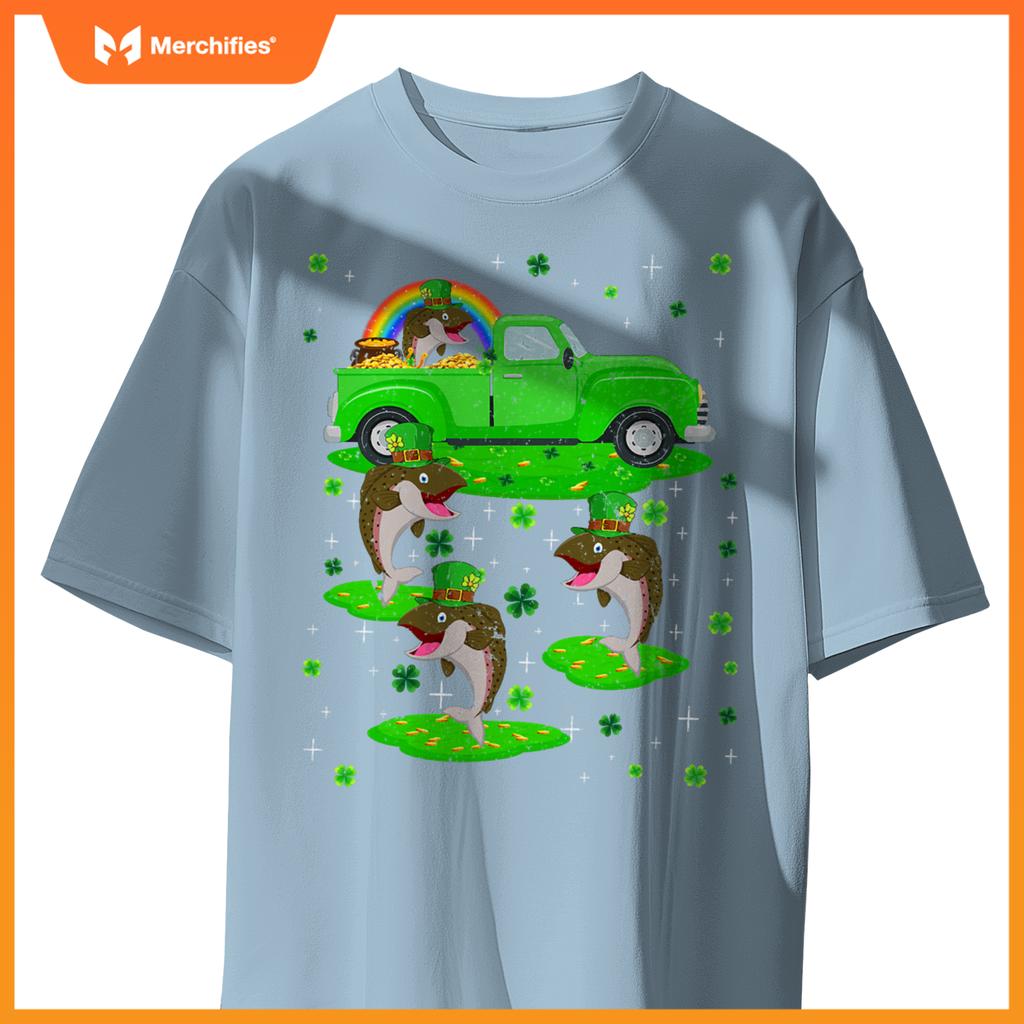 Irish Shamrock Green Truck On Salmon Fish St Patricks Day T-Shirt