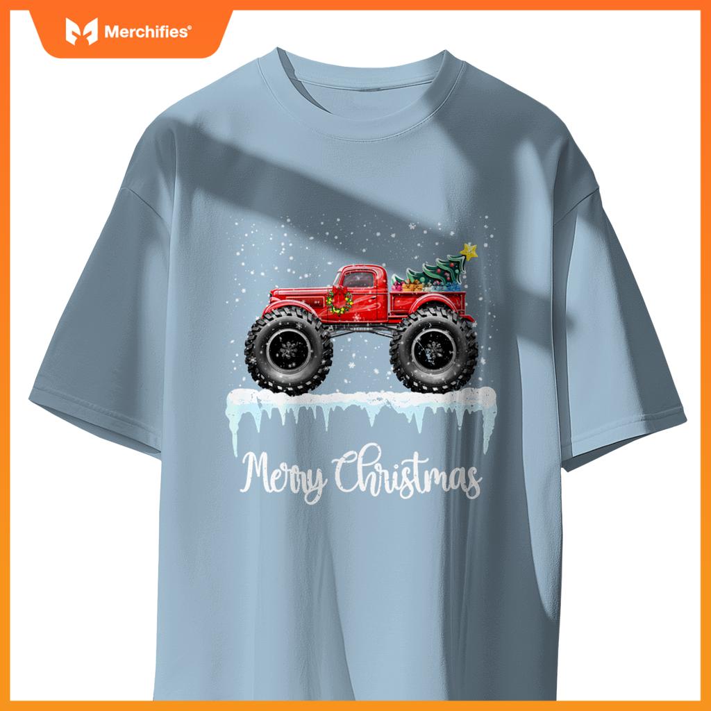 Merry Christmas Red Monster Truck Old Fashioned Xmas T-Shirt