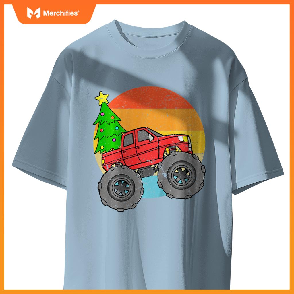 Kids Vintage Sunset Christmas Tree Monster Truck Retro Boys Girls T-Shirt