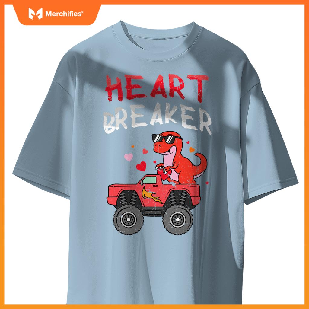 Kids Dinosaur Monster Truck Break Hearts Happy Valentines T-Shirt