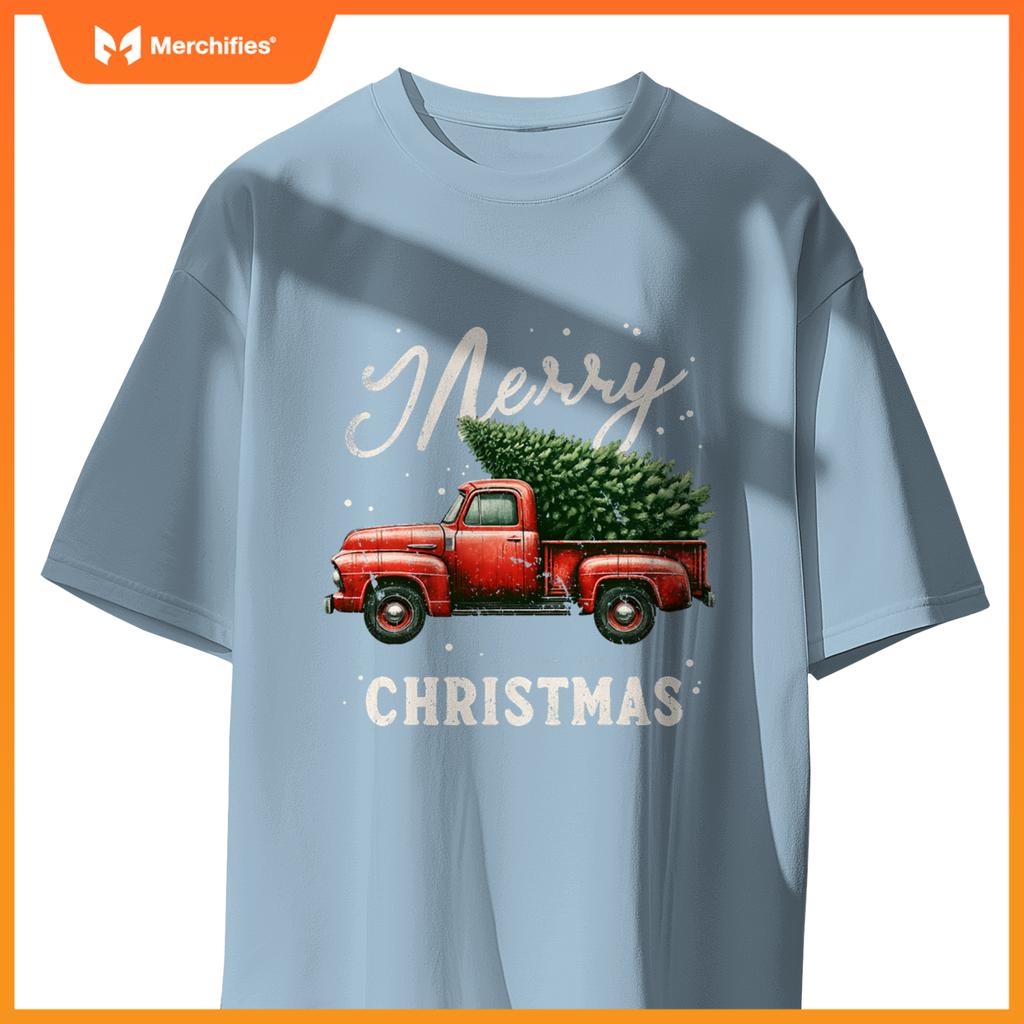 Merry Christmas Tree On Red Truck Wagon Xmas T-Shirt