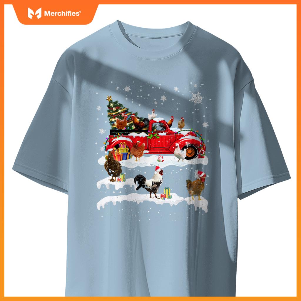 Merry Xmas Chicken Santa Hat Christmas Tree Truck Lights T-Shirt