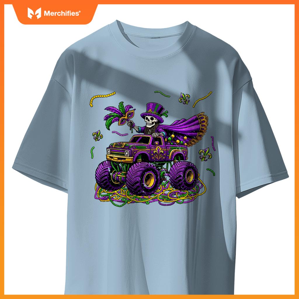 Mardi Gras Monstser Truck Skeleton Beads Mask Carnival T-Shirt