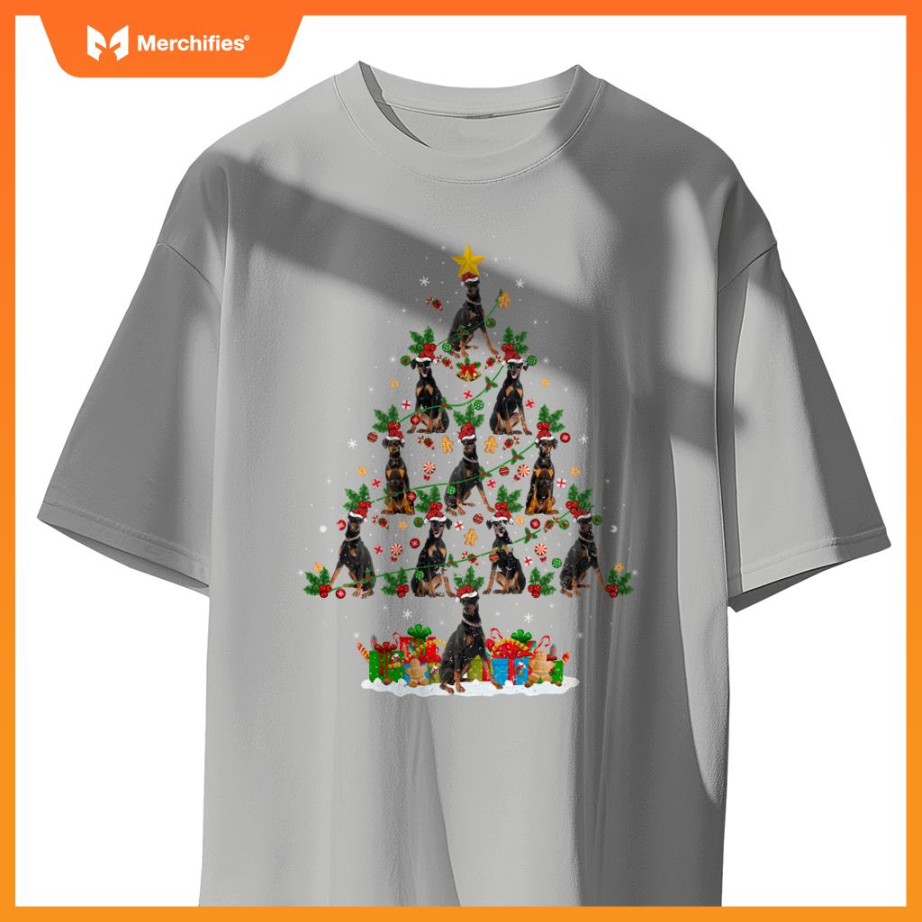 Lighting Xmas Holiday Santa Doberman Dog Christmas Tree T-Shirt