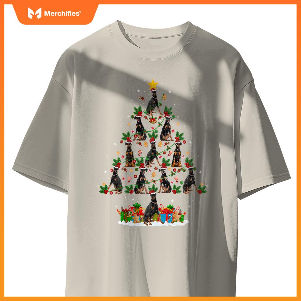 Lighting Xmas Holiday Santa Doberman Dog Christmas Tree T-Shirt