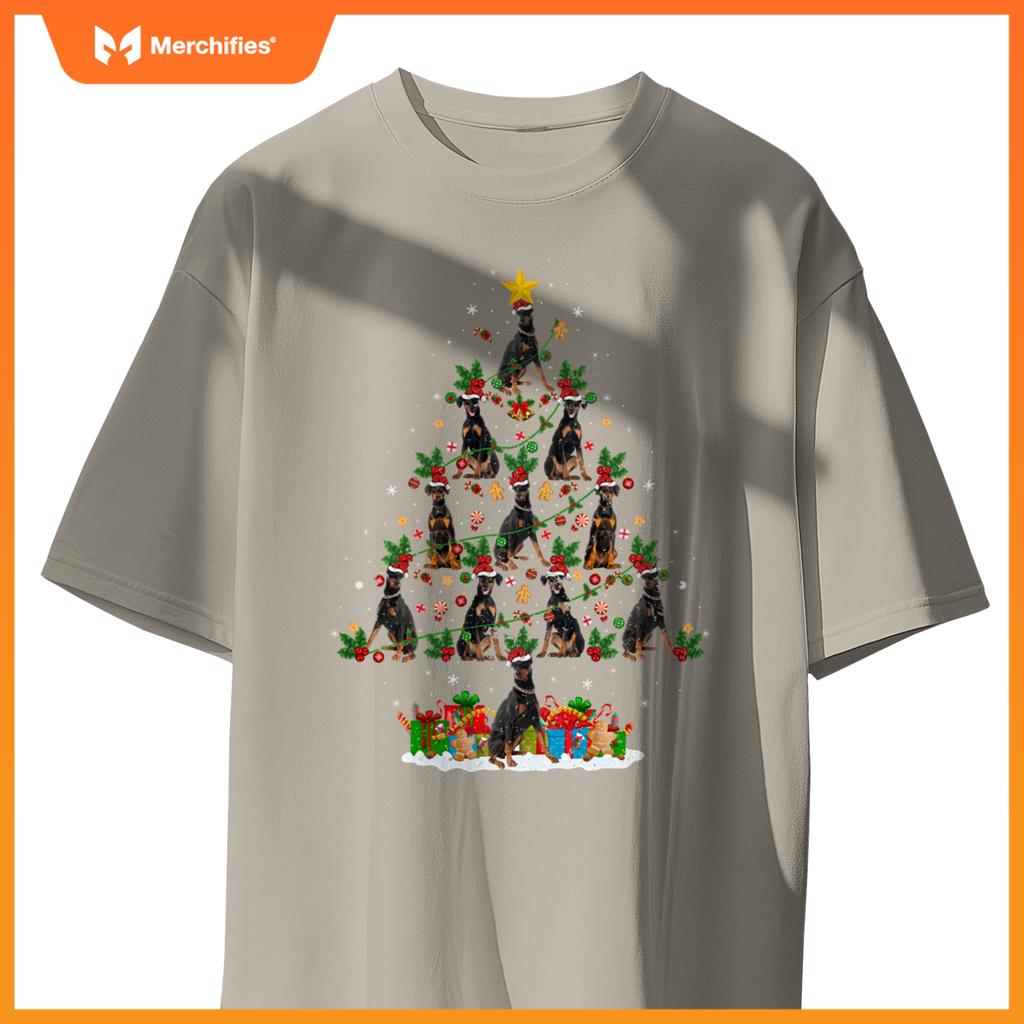 Lighting Xmas Holiday Santa Doberman Dog Christmas Tree T-Shirt