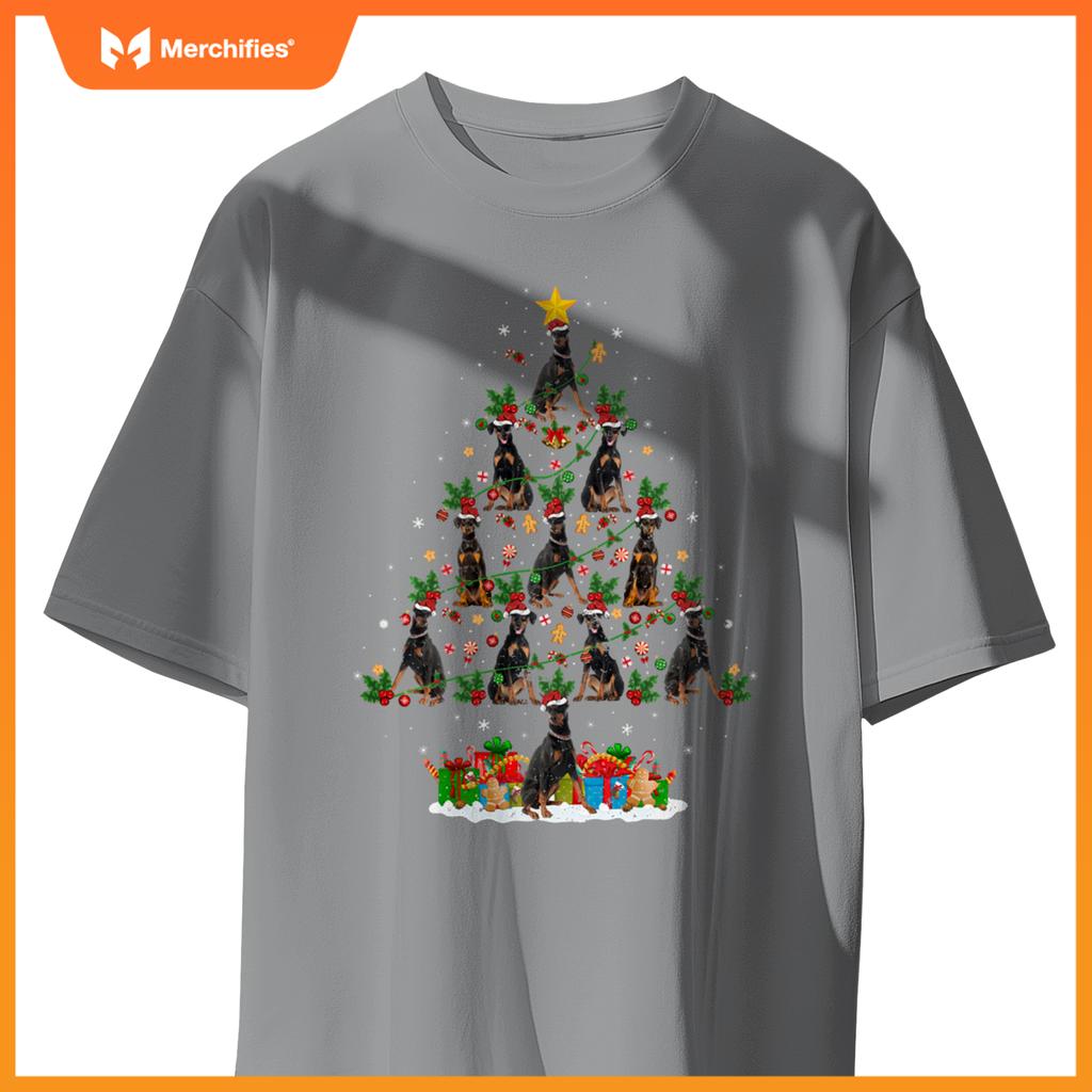 Lighting Xmas Holiday Santa Doberman Dog Christmas Tree T-Shirt