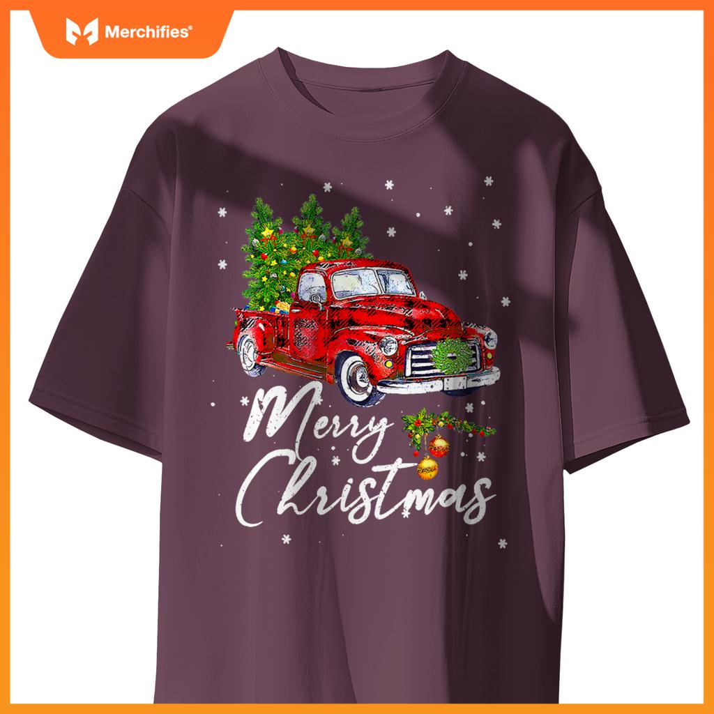 Merry Christmas Wagon Red Truck Pajama Family Party T-Shirt