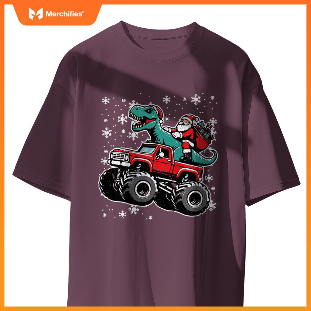 Kids Christmas Monster Truck Dino Santa Xmas Toddler Boys Kids T-Shirt