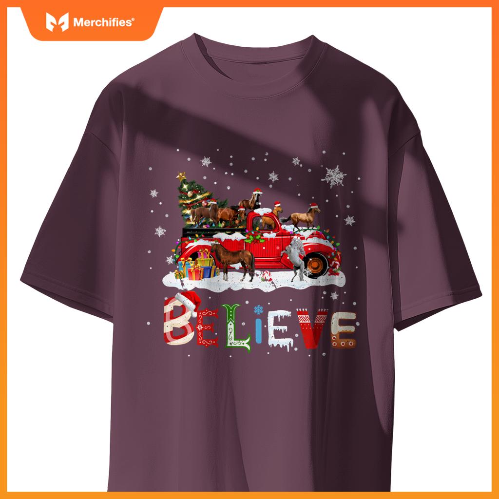 Horse Riding Red Truck Christmas Tree Believe Santa Pajama T-Shirt