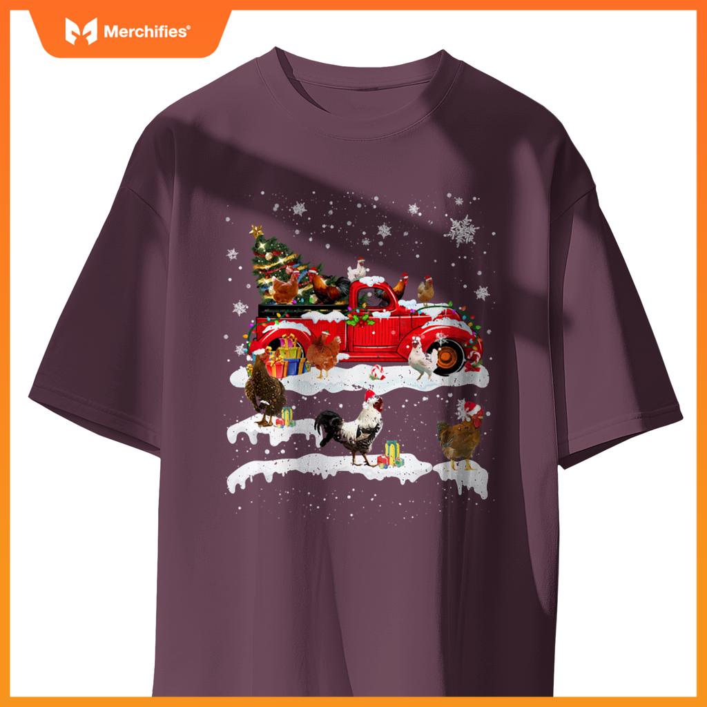 Merry Xmas Chicken Santa Hat Christmas Tree Truck Lights T-Shirt