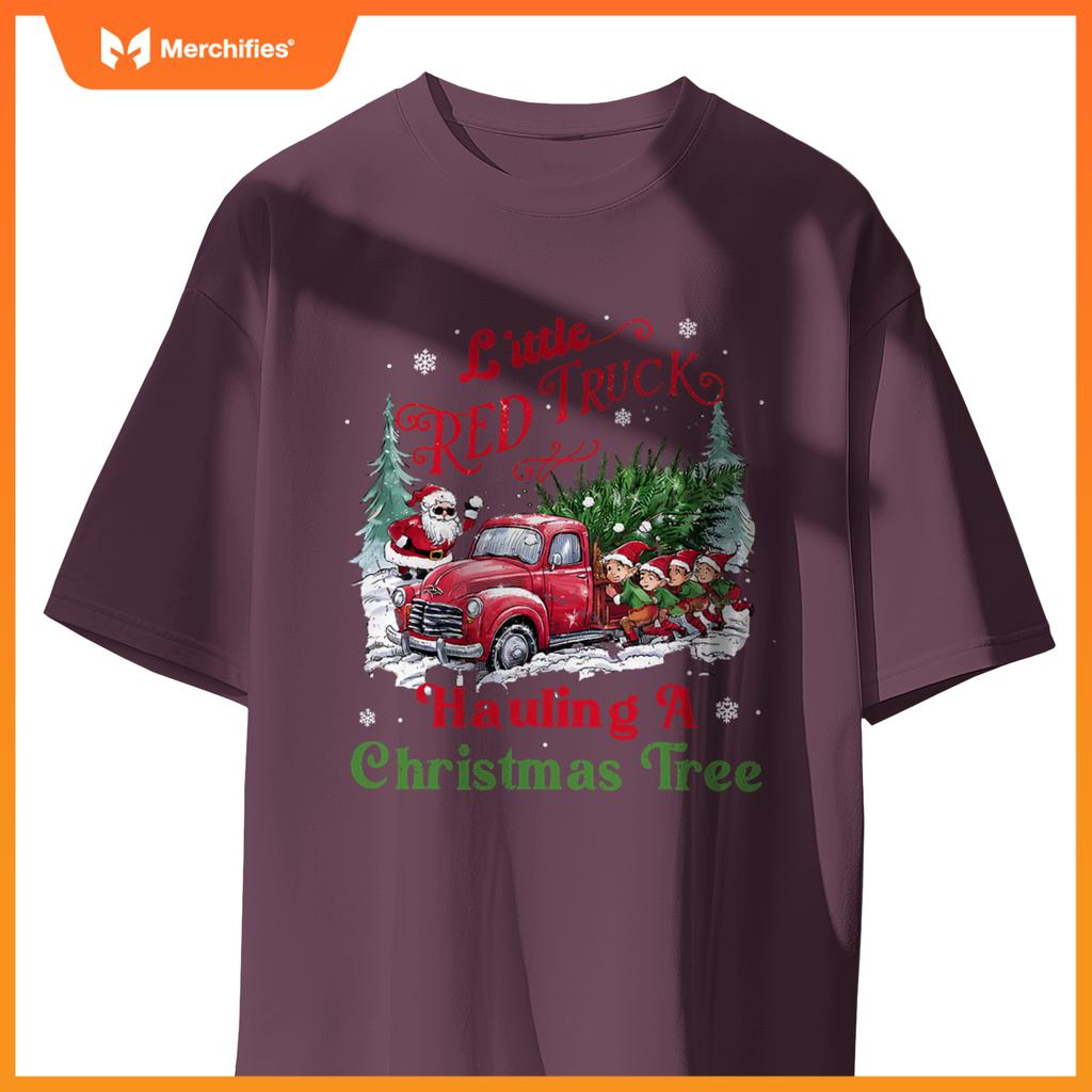 Little Red Truck Hauling A Christmas Tree Xmas Trendy T-Shirt
