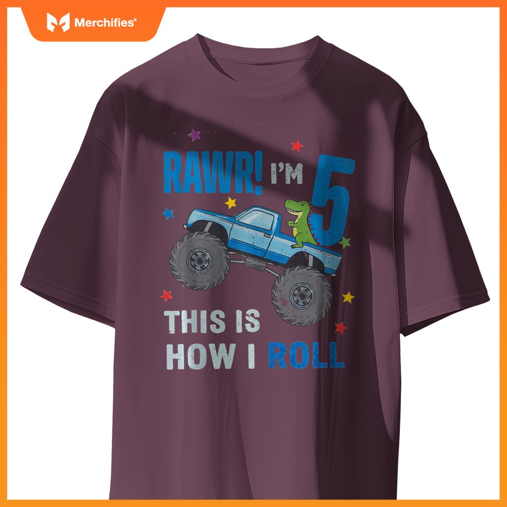 Monster Truck 5 Year Old 5th Birthday Party Trex Dinosaur T-Shirt