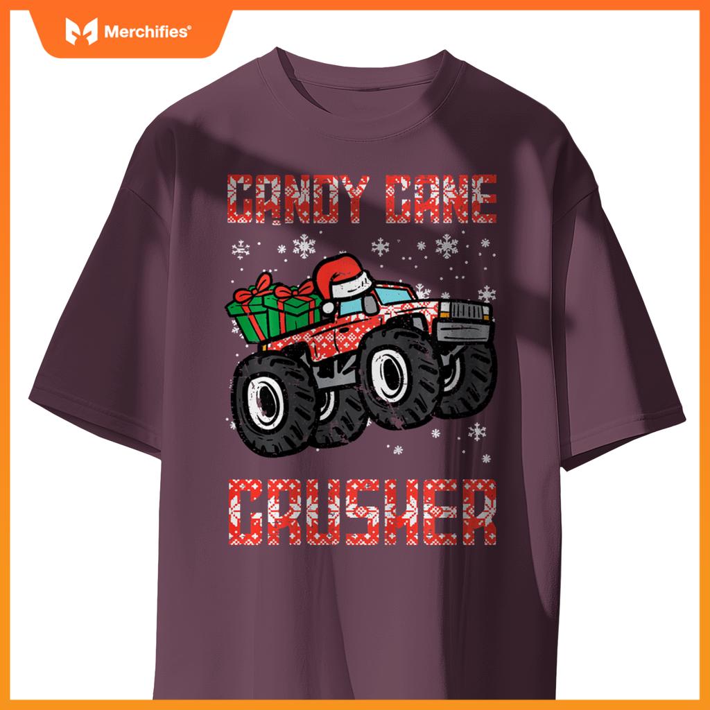 Kids Christmas Candy Cane Crusher Xmas Monster Truck Toddler Boys T-Shirt