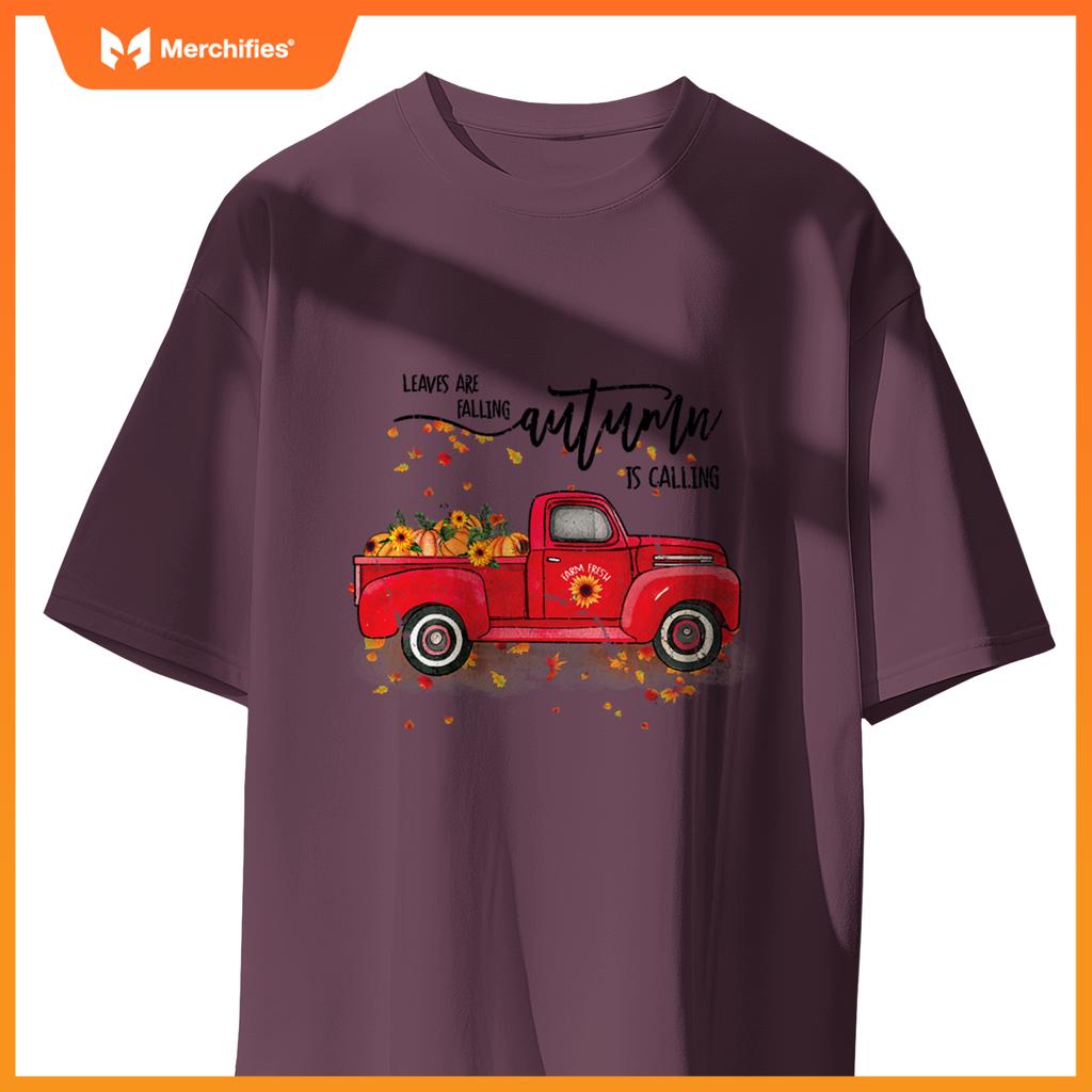 Leaves Are Falling Autumn Is Calling Red Truck Pumpkins T-Shirt