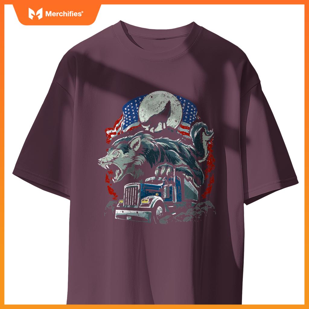 Mens Usa Flag Truck Howling Wolf American Patriotic Trucker T-Shirt