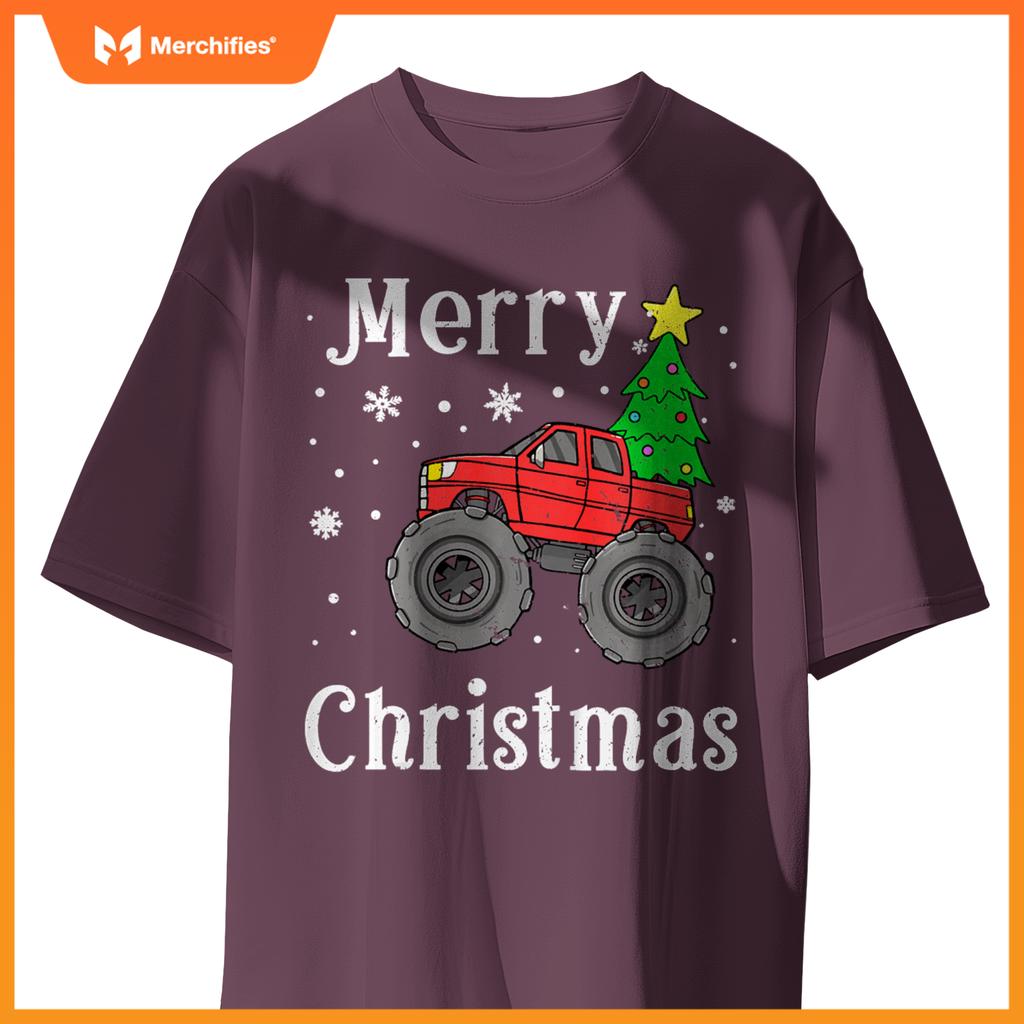 Kids Boys Monster Truck Merry Christmas Tree Snowflakes Toddler T-Shirt