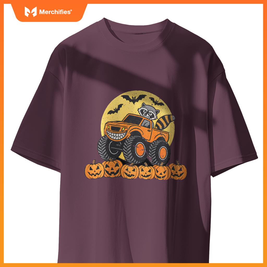 Kids Halloween Monster Truck Driven By A Raccoon School Kids T-Shirt