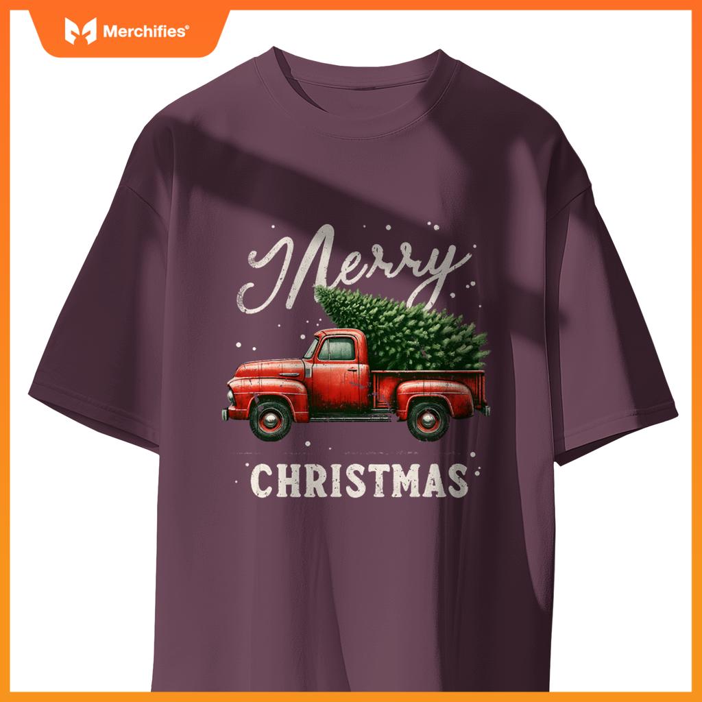 Merry Christmas Tree On Red Truck Wagon Xmas T-Shirt