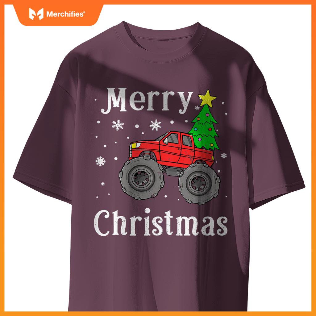 Kids Boys Monster Truck Merry Christmas Tree Snowflakes T-Shirt