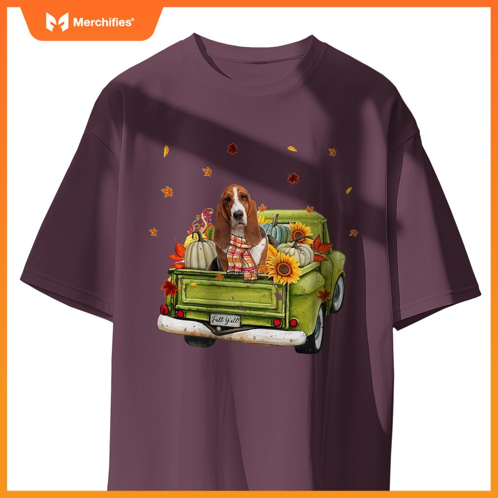 Happy Fall Yall Basset Hound Dog On Truck Pumpkin Fall T-Shirt