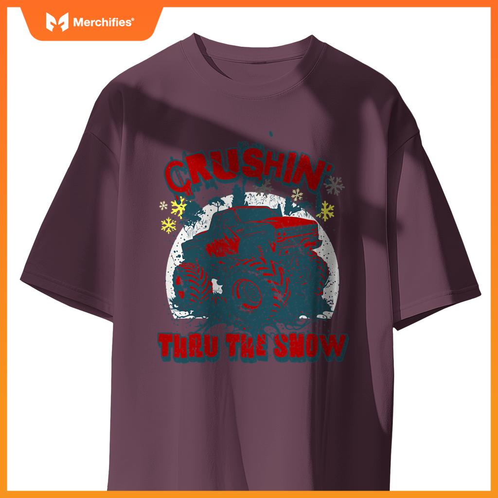 Monster Truck Crushin Thru Snow Winter Boys Man T-Shirt