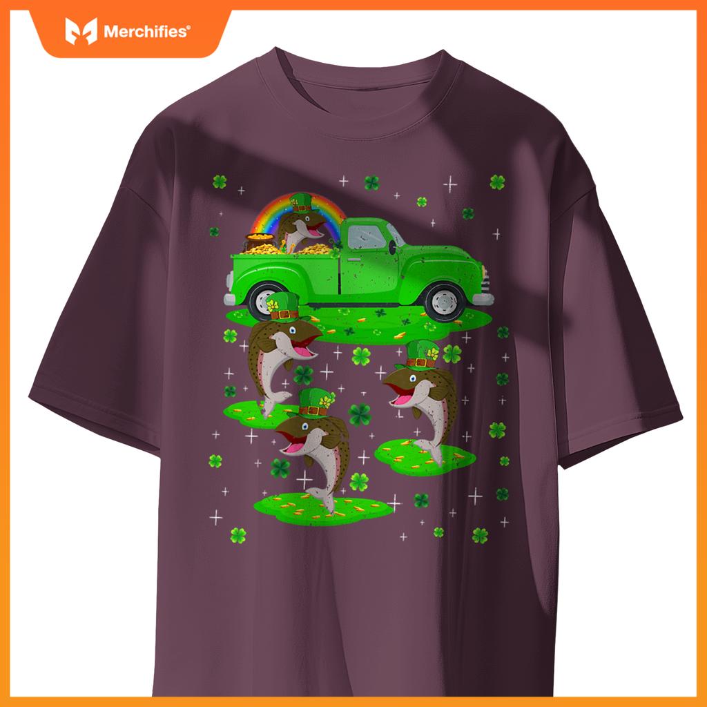 Irish Shamrock Green Truck On Salmon Fish St Patricks Day T-Shirt