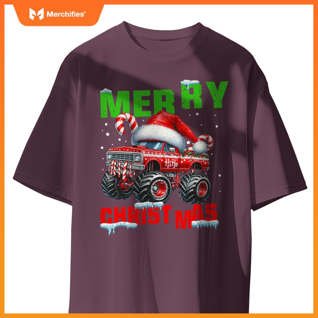 Merry Christmas Monster Truck Xmas Santa Hat Boys Kids T-Shirt