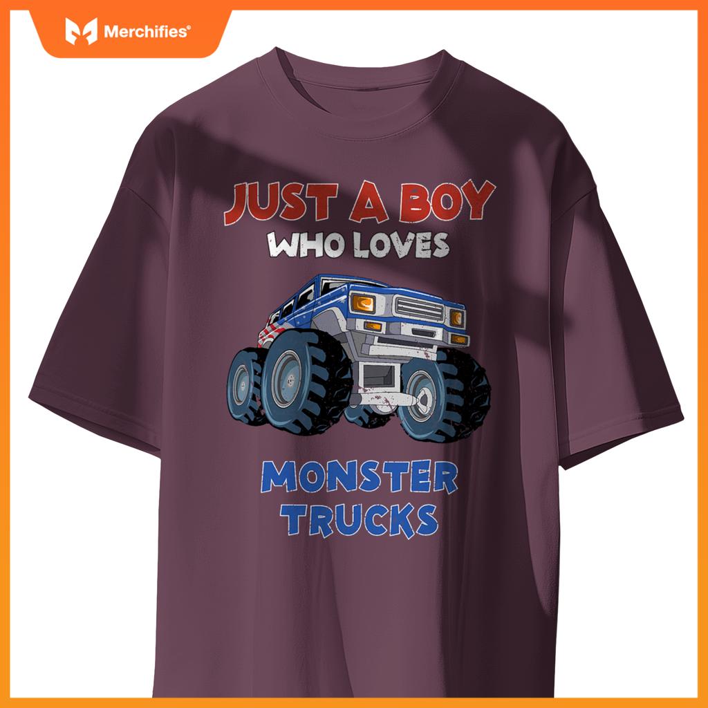 Just A Boy Who Loves Monster Trucks  Monster Truck Kids T-Shirt