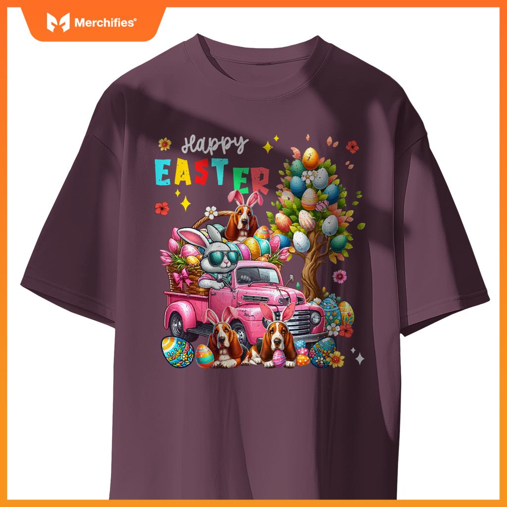 Happy Easter Three Cute Bunny Basset Hounds On Pickup Truck T-Shirt