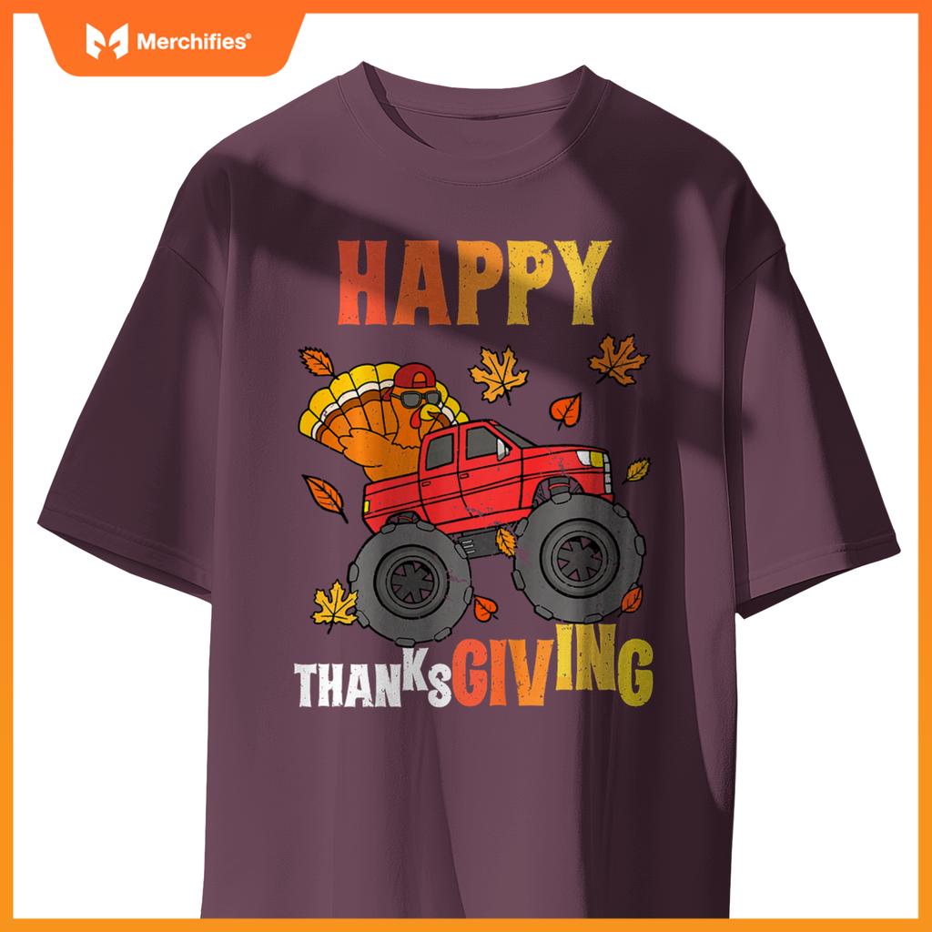 Kids Monster Truck Turkey Happy Thanksgiving Boys Girls T-Shirt
