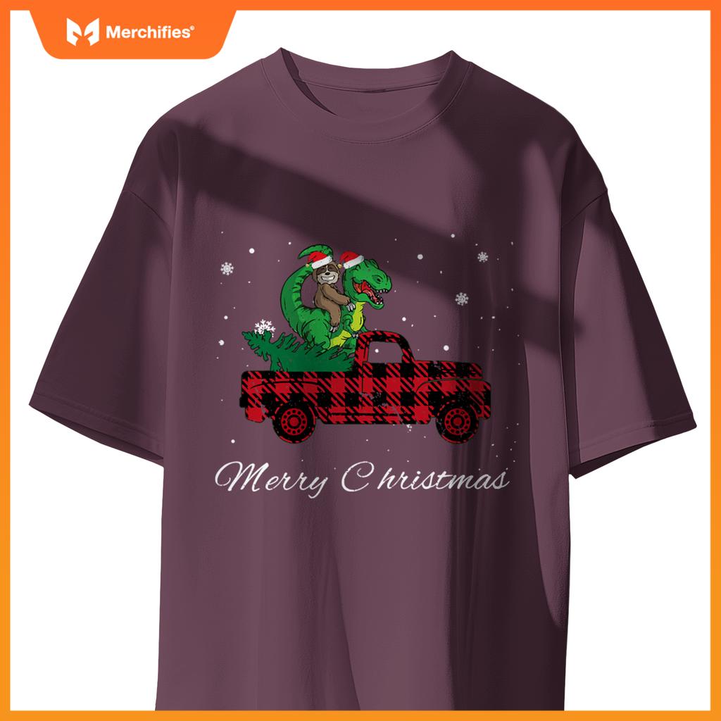 Merry Christmas Red Plaid Truck With Sloth Riding Dinosaur T-Shirt