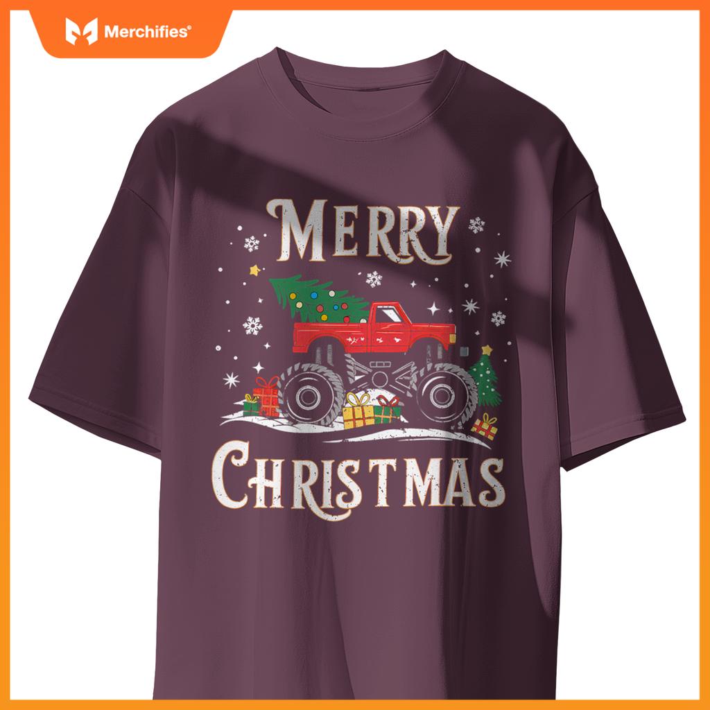 Merry Christmas Monster Truck Xmas Family Boys Ns Kids T-Shirt