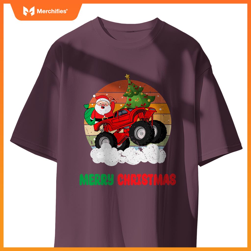 Kids Merry Xmas Santa Monster Truck Christmas Tree Light T-Shirt