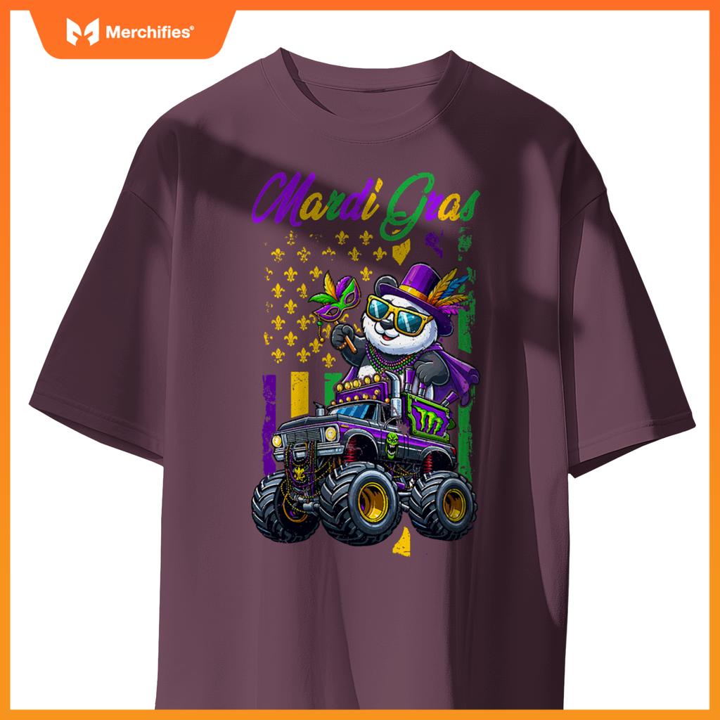 Mardi Gras Panda Sunglasses On Monster Truck Beads Masked T-Shirt