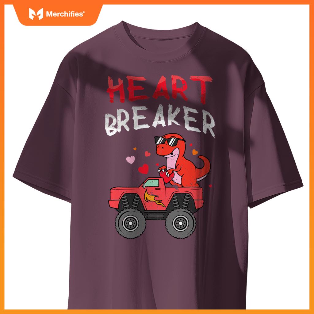 Kids Dinosaur Monster Truck Break Hearts Happy Valentines T-Shirt