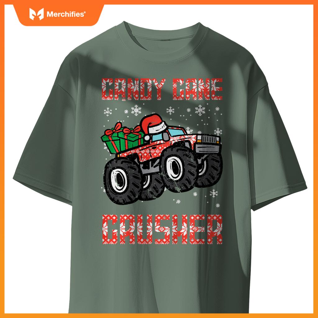 Kids Christmas Candy Cane Crusher Xmas Monster Truck Toddler Boys T-Shirt
