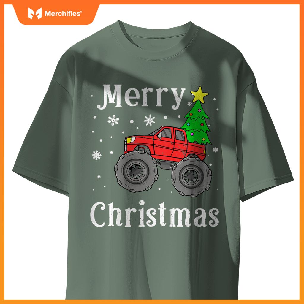 Kids Boys Monster Truck Merry Christmas Tree Snowflakes T-Shirt