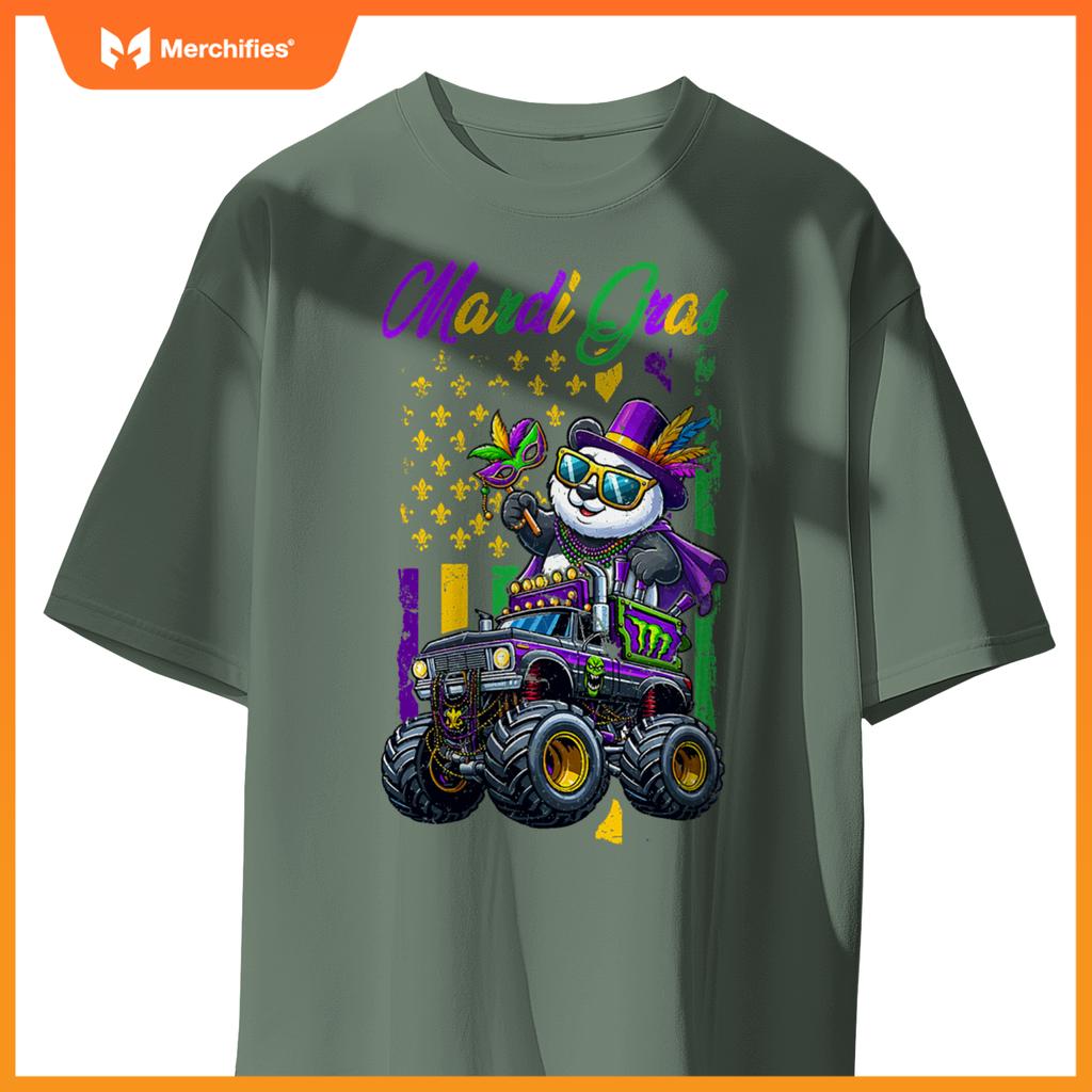 Mardi Gras Panda Sunglasses On Monster Truck Beads Masked T-Shirt