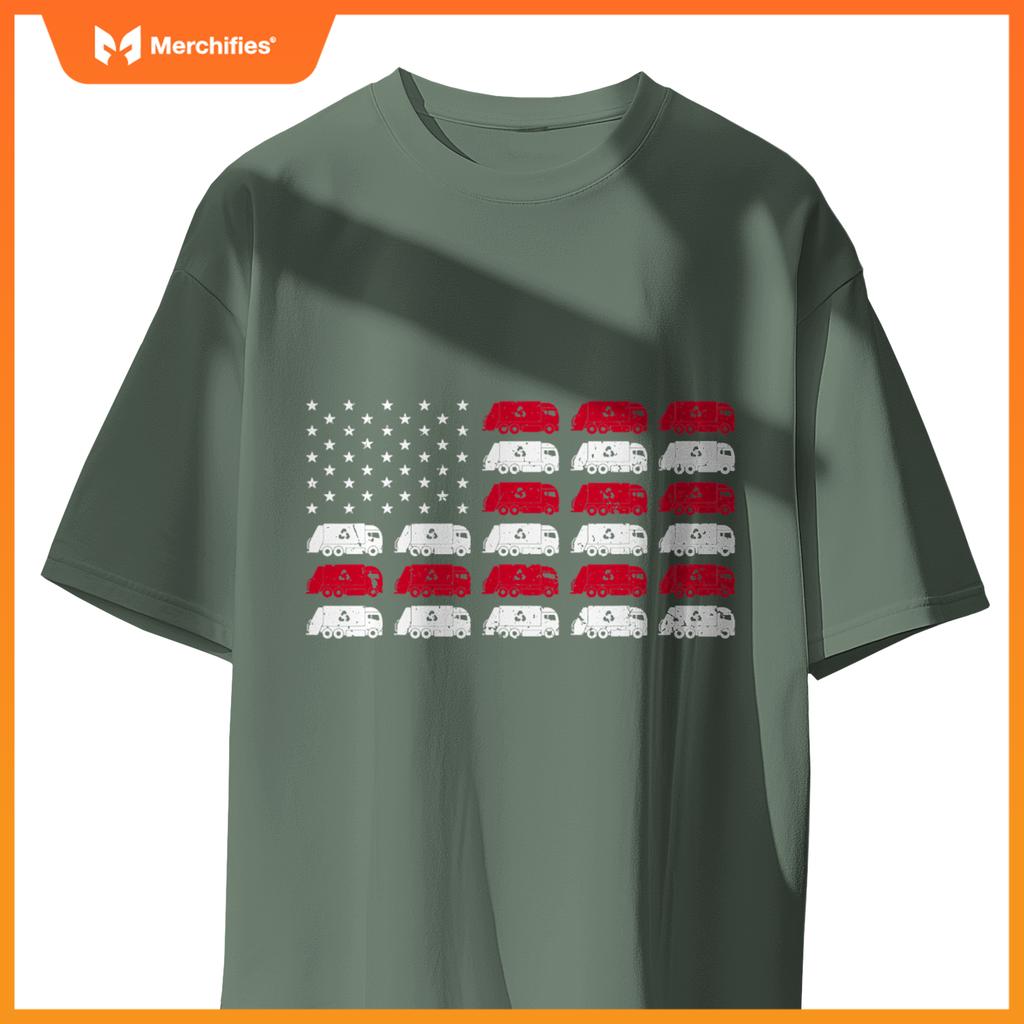 Garbage Truck USA American Flag Patriotic Men Women Boys T-Shirt