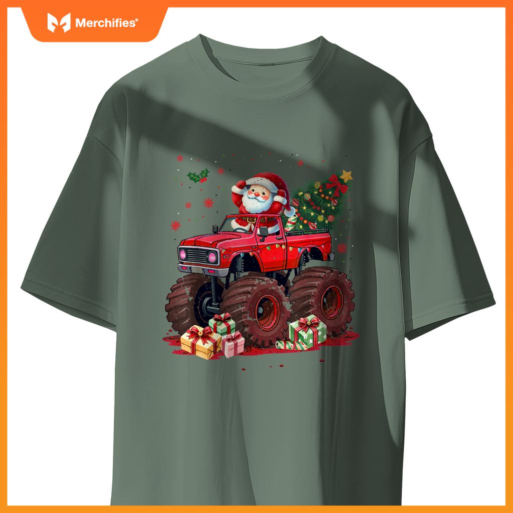 Kids Santa Monster Truck Christmas Tree Xmas Squad T-Shirt